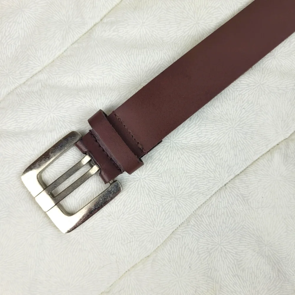 Brazilian espresso brown leather belt silver buckle minimalist classic artsy L